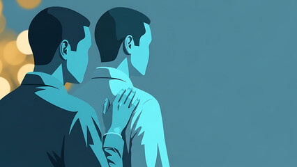 Two men in blue tones with affectionate embrace