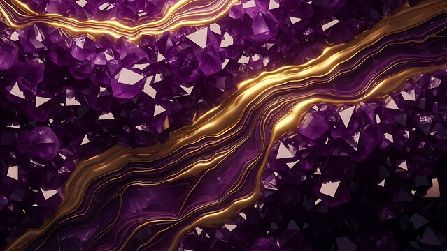 Purple crystal geode with gold veins on a dark background