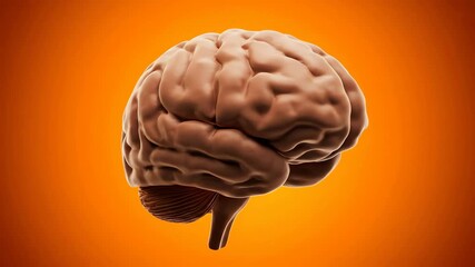 A detailed 3D animation of a human brain rotating on a bright orange background, symbolizing neuroscience and intelligence. - Powered by Adobe