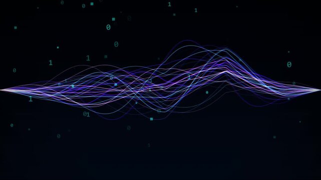 Retro futuristic wave grid with glowing digital data waves and binary code