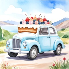 Vintage car with cake