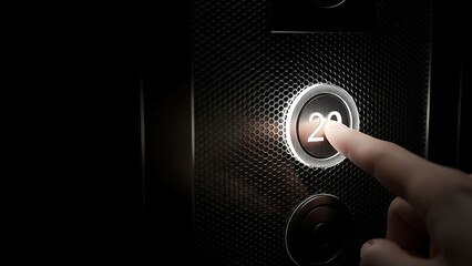 Finger pressing elevator button on modern control panel