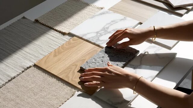 Interior Designer Choosing Samples on Sunlit Table, Modern Material Palette