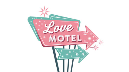 Retro love motel sign with pink and teal arrows and star accents in vintage style