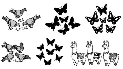 Various animal illustrations featuring birds butterflies and llamas in simple outlines © jarkoni