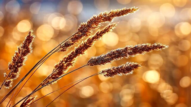 Golden hour illuminates a field of wheat with bokeh background.