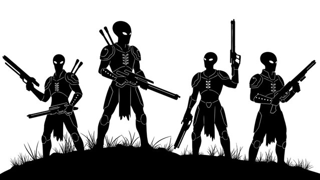 Silhouette of four alien soldiers or futuristic warriors standing on a small hill with weapons