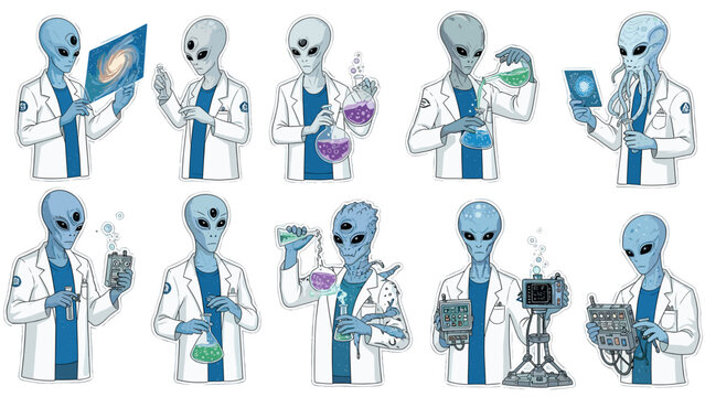 Set of ten cute blue alien scientists in lab coats doing chemistry and astronomy experiments with beakers and tablets