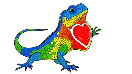 Obraz premium Colorful lizard with a red heart on its chest, cartoon style illustration