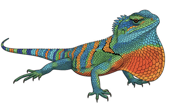 Colorful illustration of an australian water dragon lizard with vibrant blue, green, and orange scales
