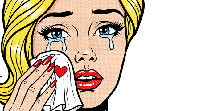 Crying pop art woman wiping tears with handkerchief featuring a red heart symbol, retro comic style