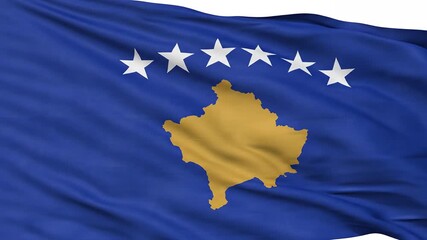 The national flag of Kosovo proudly waves in the wind showcasing its distinctive blue background golden map outline and six white stars representing its diverse ethnic groups symbolizing independence.