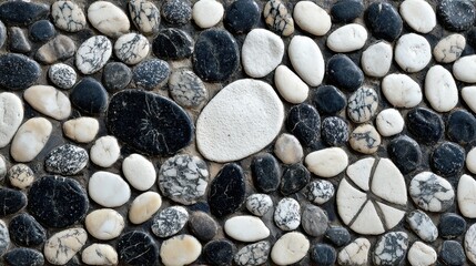 Pebble stone mosaic with black and white stones at a historic thermal spring, showcasing traditional craftsmanship and natural patterning.
