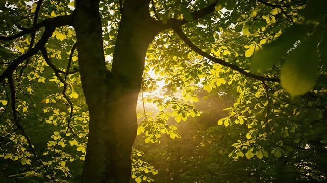 Warm sunlight streams through the lush green leaves of a chestnut tree in a serene forest