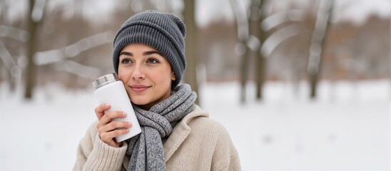 A woman in a knitted gray hat and scarf is enjoying a hot drink while standing in a snow-covered winter park.