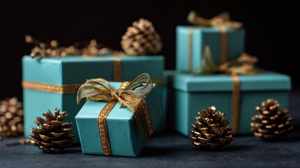 Light teal gift boxes with gold ribbon and pinecones arranged on dark background