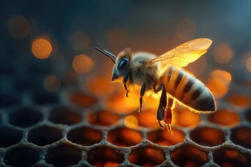 Honeybee Flying Near Honeycomb Macro