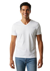 Obraz premium Smiling man wearing a white vneck tshirt and blue jeans isolated on transparent background