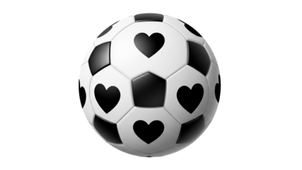 Soccer ball with black heart shapes instead of traditional pentagons, isolated on transparent background