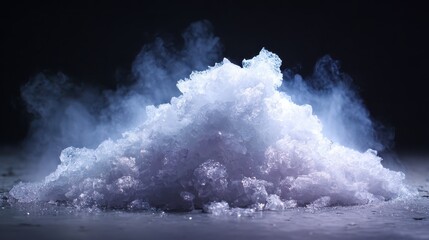 Pile of dry ice releasing vapor against a dark background, showcasing cold sublimation, scientific exploration, and striking visual texture.
