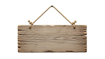 Blank old wooden hanging sign with rope isolated on transparent background