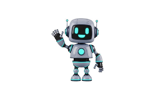 Cute little robot waving hello with a friendly smile, 3d rendering, isolated on transparent background
