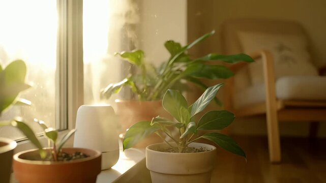 A cozy home interior with houseplants and an aroma diffuser on a windowsill during a warm sun-drenched morning
