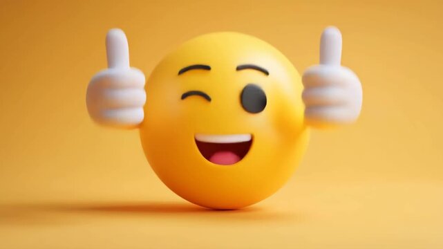 3D Render of Happy Emoji Giving Two Thumbs Up, 3D happy emoji character smiling and showing two thumbs up, expressing positivity and approval