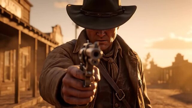 Gunslinger cowboy pointing revolver camera dusty western sunset street, lone cowboy walking down