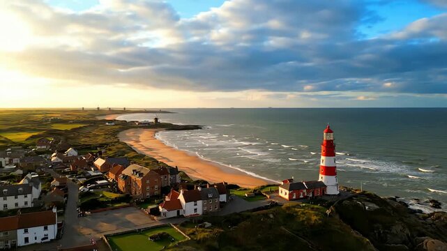 Breathtaking aerial view of a coastal town and its iconic red and white lighthouse standing guard over the sea at sunset.