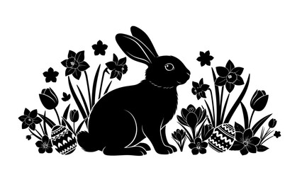 A black silhouette of a rabbit amongst flowers and easter eggs