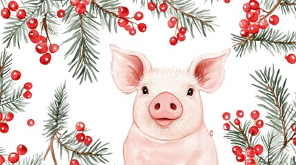 Obraz premium Adorable piglet surrounded by festive berries and fir branches on a white backdrop