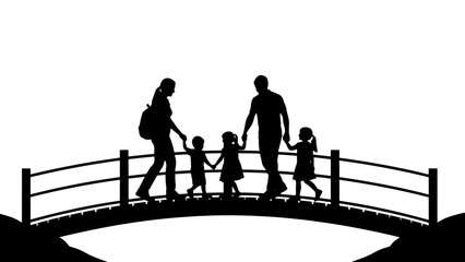 A family silhouette walks across a curved bridge enjoying time together