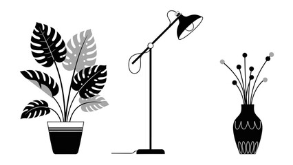 A minimalist illustration featuring a floor lamp potted plants and floral arrangements © Ashik
