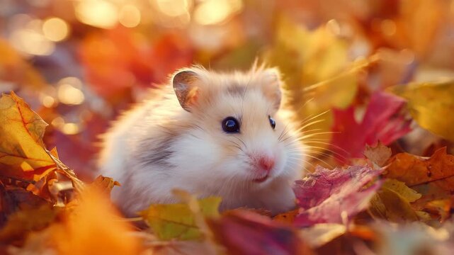 Adorable fluffy hamster among autumn leaves, An adorable fluffy hamster playing in a pile of vibrant autumn leaves, surrounded by warm seasonal colors