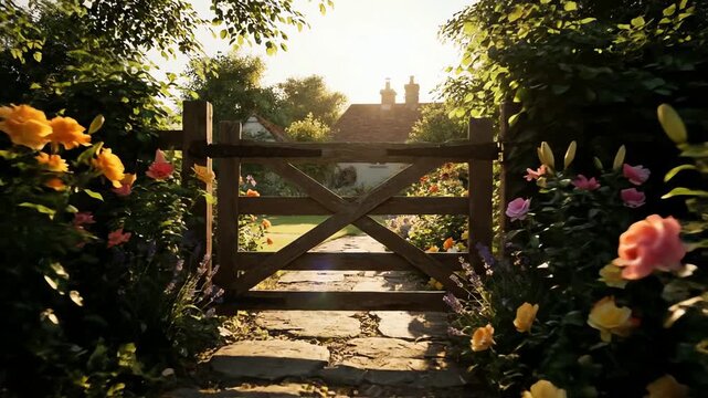 A charming English cottage garden path filled with vibrant flowers leading to a rustic wooden gate at sunset.