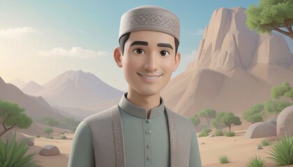 Animated young man in desert landscape