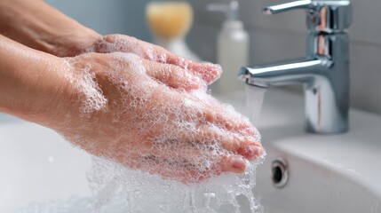 Fototapeta premium Hands being washed thoroughly with soap and water, highlighting hygiene habits that help prevent illness and the spread of germs. 