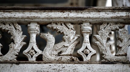 Old ornate wooden balcony railing with dragon inspired carved details and weathered white paint, highlighting historic craftsmanship and architectural character.
