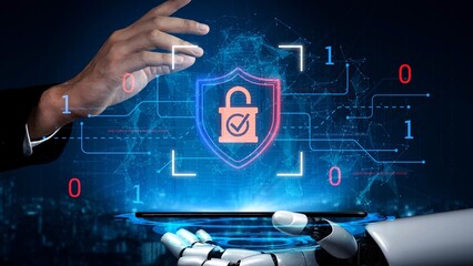 Futuristic Concept of Cybersecurity with Robotic Hands and Digital Shield Icon Representing Protection and Data Security in Technology Environment Gluon.