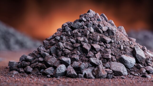 Pile of crushed iron ore concentrate pellets representing raw material used in steelmaking and heavy industry production.
