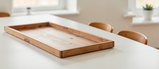 Wooden tray on a minimalist dining table in a light interior with copy space