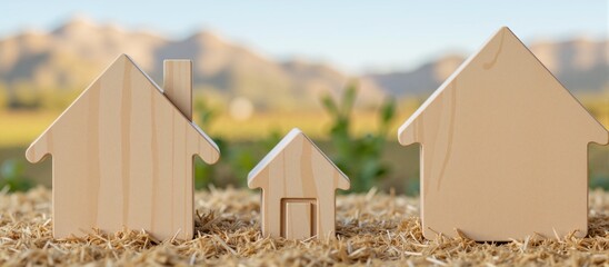 Wooden models of houses, situated on the grass against a backdrop of mountains - a marketing design for real estate sales.