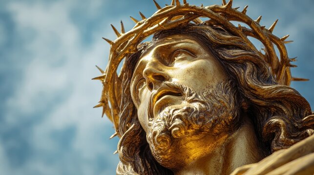 Golden statue of Jesus Christ with a crown of thorns gazing upward, symbolizing faith, salvation, and spiritual devotion.
