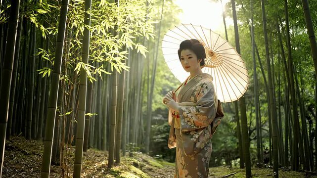 Elegant geisha in traditional kimono holding parasol in lush green bamboo forest sunlight