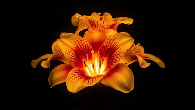 A mesmerizing close up of glowing orange and red freesia flowers rotating slowly against a stark black background in a seamless loop.