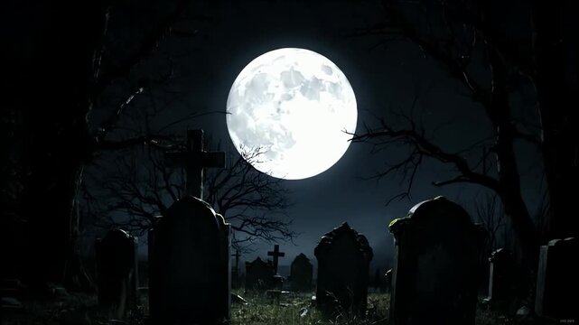 Spooky Halloween scene of a zombie hand rising from the grave in a dark cemetery under a full moon.