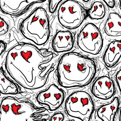 Faces with hearts in a playful pattern on a white background made with simple lines and drawings