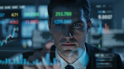 A focused businessman analyzes financial data and stock market trends on a futuristic digital interface - Powered by Adobe