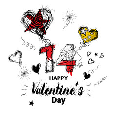 Celebration of Valentine's Day with balloons, hearts, and festive designs on February 14